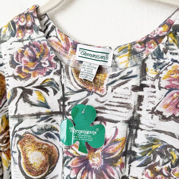 [Vintage] Shenanigans Sz Large L Floral Fruit Print Round Neck Short Sleeve Top - Picture 9 of 9